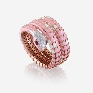 An enamel, diamond, ruby, and eighteen karat rose gold plated sterling silver bangle
