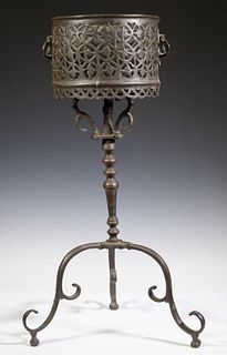 17TH C. BRONZE STAND WITH PLANTER POT