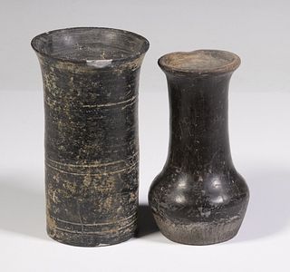 (2) CHINESE BLACK GLAZED GREY CLAY SMALL VESSELS, LONGYAN CULTURE, (3000-1900 BC)