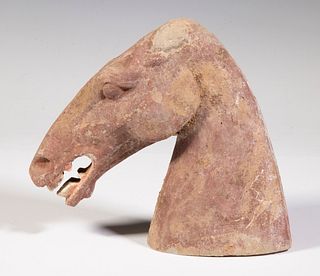 CHINESE HAN DYNASTY POTTERY OF A HORSE'S HEAD (206 BC - 220 AD)