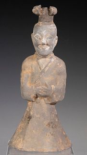 CHINESE HAN DYNASTY (206 BC - 220 AD) POTTERY FIGURE OF AN ATTENDANT