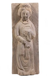 CHINESE JIN DYNASTY (266-420 AD) GREY POTTERY RELIEF PLAQUE PORTRAIT OF A WOMAN