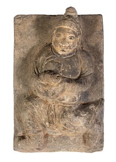 CHINESE SONG DYNASTY CARVED STONE PLAQUE OF A RUNNING ATTENDANT