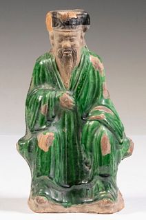 CHINESE KANGXI (1661-1722) SANCAI GLAZED POTTERY FIGURE OF CONFUCIUS