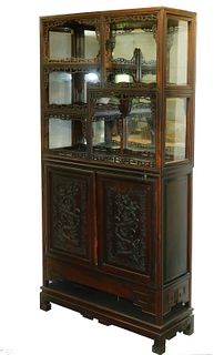 THREE-PART CARVED ROSEWOOD CHINESE MIRROR BACK DISPLAY CABINET