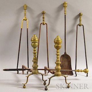 Pair of Brass Andirons and Five Fireplace Tools