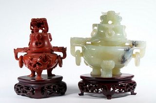 CHINESE CARVED JADE VESSEL & CARVED CHINESE CENSER, 20TH C.