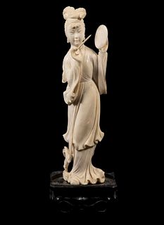 19TH C. CHINESE IVORY FIGURINE ON WOODEN STAND