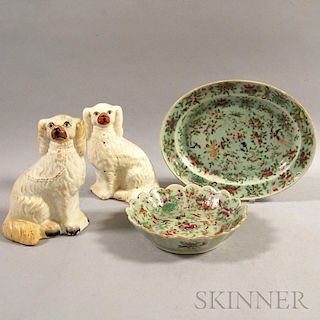 Two Famille Rose Porcelain Platters and a Pair of Staffordshire Spaniels.