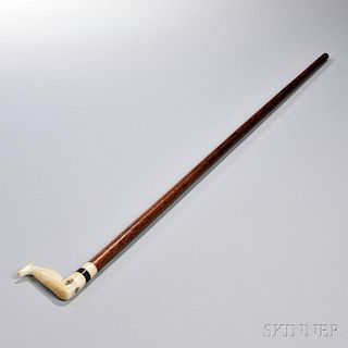 Turned Hardwood and Carved and Inlaid Ivory-handled Walking Stick