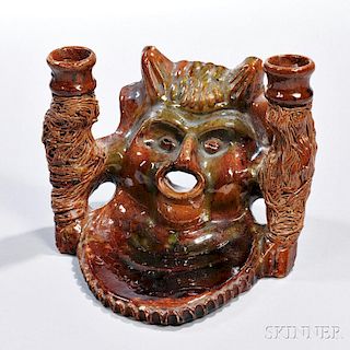 Figural Glazed Pottery Tray with Candleholders
