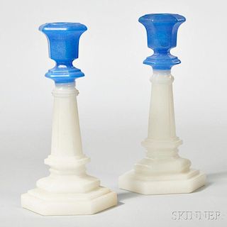 Pair of Blue and White Pressed Glass Columnar Candlesticks