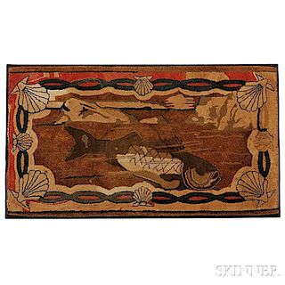 Large Hooked Rug of Fish with Shell Border