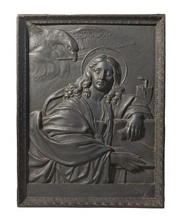 MID 19TH C. ITALIAN CAST IRON BAS RELIEF PLAQUE OF ST. JOHN THE EVANGELIST, AFTER DOMENICHINO (1581-1641)