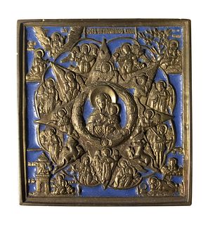 19TH C. RUSSIAN ICON IN BLUE ENAMELED BRONZE