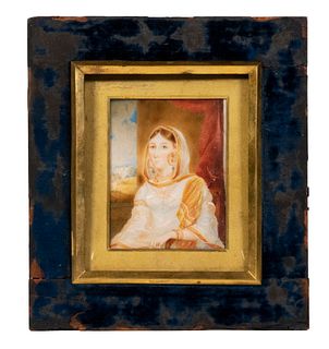 19TH C. IVORY MINIATURE PAINTING OF A COLONIAL BRITISH WOMAN IN INDIAN COSTUME