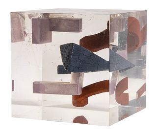 MID-CENTURY MODERN LUCITE CUBE WITH BRUTALIST FORMS, UNIDENTIFIED ARTIST