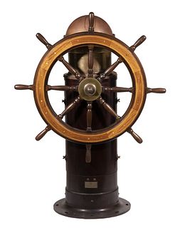 19TH C. SHIP'S WHEEL HELM WITH BINNACLE MOUNT (LACKING COMPASS)