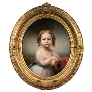 ANTEBELLUM OVAL PORTRAIT OF A YOUNG GIRL IN A MAGNIFICENT FRAME