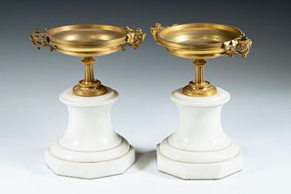 PR OF GILDED BRONZE TAZZAS ON MARBLE BASE