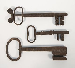 (3) HAND FORGED 19TH C. OR EARLIER OVERSIZED JAIL OR CASTLE KEEP KEYS, ONE IS A NOVELTY