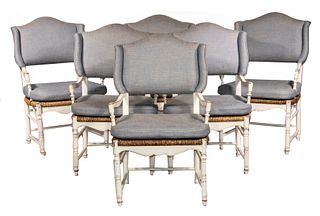 (SET OF 6) CUSTOM FRENCH PROVINCIAL RUSH SEATED AND UPHOLSTERED ARMCHAIRS BY BAKER FURNITURE