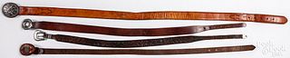 Four Native American Indian handmade leather belts