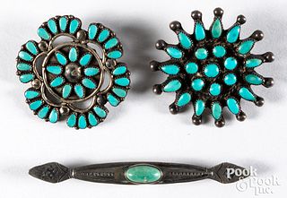 Three Navajo Indian silver and turquoise brooches