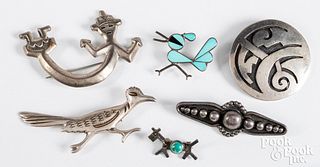 Six Native American made silver pins