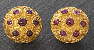 Etruscan Revival 22K Yellow Gold & Ruby Earrings