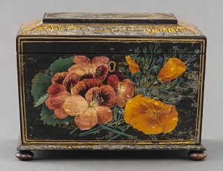 English Ebonized Floral Painted Tea Caddy