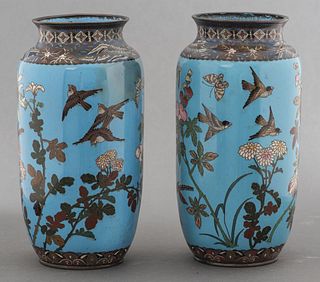 Japanese Meiji Enamel Cloisonne Vases, Pair