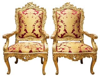 Fine & Rare Italian Rococo Giltwood Armchairs, Pr