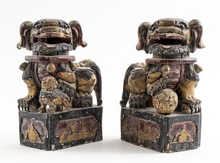 Chinese Parcel Gilt & Polychrome Wood Foo Dogs, Pr
