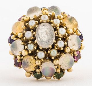 1960's 14K Yellow Gold Opal & Seed Pearl Dome Ring