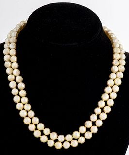 14K Gold Diamond Clasp Double Stand Pearl Necklace