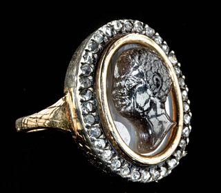 Neoclassical Gold, Diamond & Banded Agate Cameo Ring