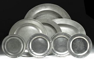17th C. British Pewter Chargers, Platters, & Plates (8)