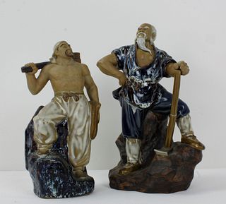 Two Shiwan Ceramics Figurines Foolish Old Man Moves Mountains 