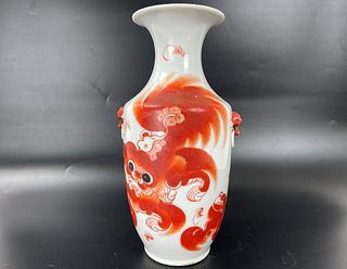 A Chinese Iron-Red Lion Porcelain Vase