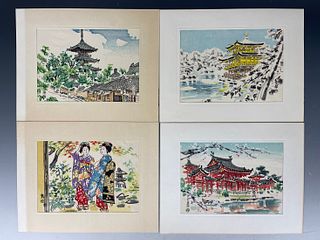 Four Japanese Woodblock Print On Silk By Eiichi Kotozuka