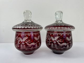 A Pair of  ENGRAVED BOHEMIAN RUBY GLASS URNS