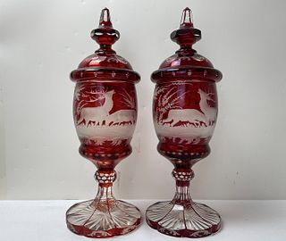 A Pair of 19th C ENGRAVED BOHEMIAN RUBY GLASS GOBLET