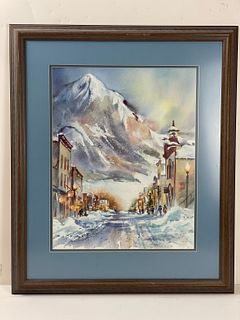 A Framed Snowy Mountain City by Judy Harmon PRINT