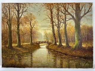 An Autumn Bridge on Canvas by H. Verhaaf (1890 - 1970)
