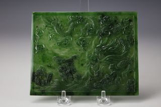 A Chinese Carved Hetian Green Jade Dragon Plaque