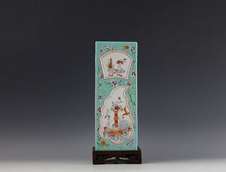 Chinese Turquoise Ground Square Vase with Wooden Base 