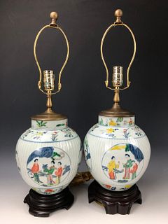 A Pair of Famille Verte Melon Shaped Jar Lamps
