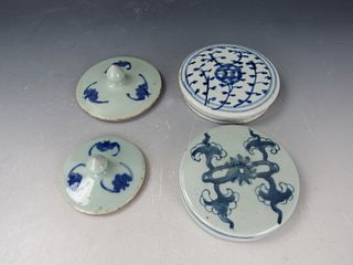 Group of 4 Chinese Porcelain Lids with Blue Pattern