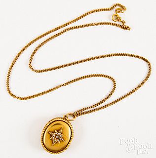 18K gold necklace, locket pendant with seed pearls
